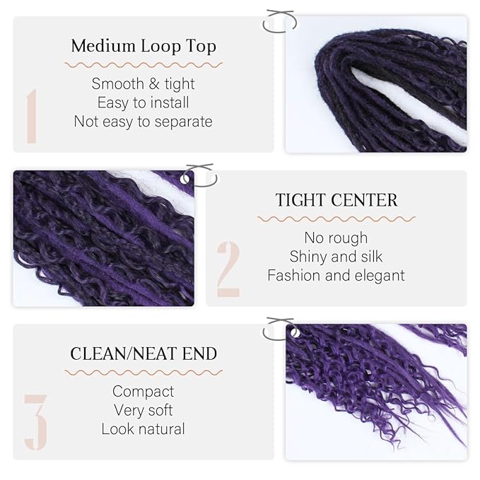 24 Inch Double Ended Dreadlock Extensions Sets, 20 Strands 3 In 1 Mixed Synthetic Dreads Extensions, Ombre Purple Straight&Curly&Boho Handmade Dreads Hippie Style Dreadlocks for Woman