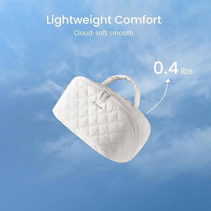 LOVEVOOK Travel Makeup Bag for Women, 2Pcs Set Puffer Waterproof Cosmetic Organizer, Large Capacity Pouch Open Flat Toiletry Bag with Divider & Handle, Portable Gift for Her, Beige