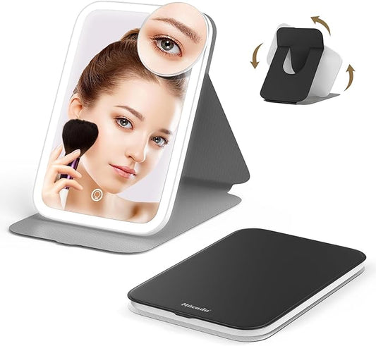Mocado Travel Makeup Mirro with Lights, 360° Rotation Lighted Makeup Mirror, Portable Mirror with 10x Magnification, 60LEDs 3 Color Lightings, Dimmable Touch Screen, Tabletop Light up Mirror(Black)