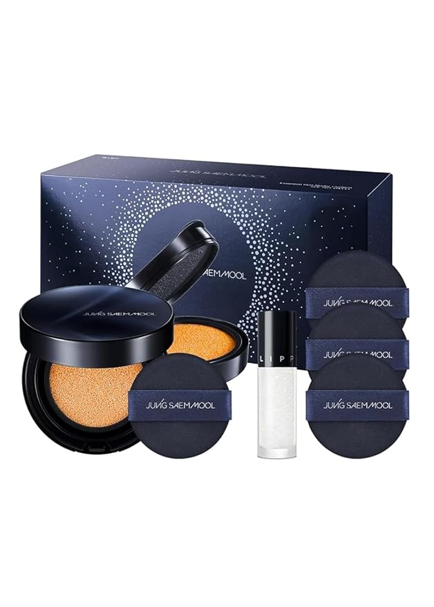 JUNGSAEMMOOL OFFICIAL Essential Skin Nuder Cushion Special Set (Medium) | Navy Edition (Refill included) + Lip-Pression Glittering Topper (2g) + Navy Cushion Puffs (3pcs)