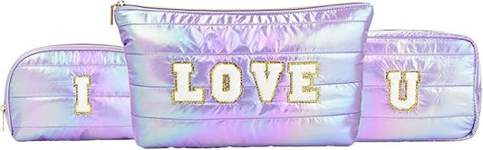 Hiroyuki 3pcs Iridescent Quilted Makeup Bag (ILOVEU, purple)