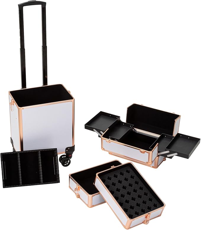 4 in 1 Portable Traveling Aluminum Professional Makeup Trolley Cart with Multiple-Sized Compartments and Wheels (Gold with White)