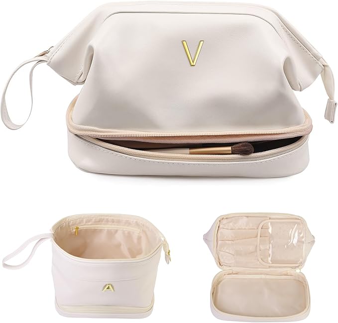 Bridesmaid Gifts for Women, Initial Makeup Bag, Personalized Double Layer Cosmetic Bag with Makeup Brush Organizer, Large Capacity PU Leather Travel Toiletry Bag, Personalized Teacher Gifts