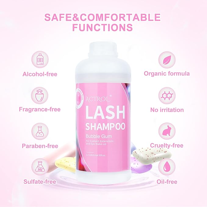 Eyelash Extension Cleanser Bubble Gum 1L Natural Lash Extension Shampoo Professional Eyelid Foaming Cleanser Paraben & Sulfate Free Non-lrritating with Salon and Home Care
