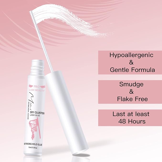 Cluster Lash Glue for DIY Eyelash Extension Lash Bond Glue Mascara Wand Super Strong Hold 48 Hours Waterproof Latexfree (5ml, Clear)