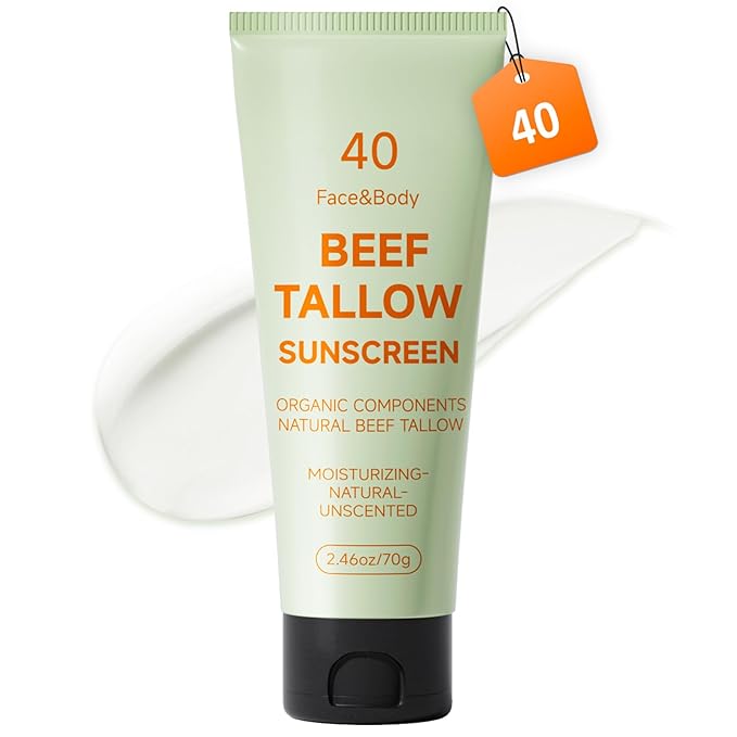 Tallow Sunscreen, Sunscreen for Face, Beef Tallow for Skin, Reef Safe Travel Sunblock Grass-Fed Natural for All Skin Type Deep Hydration Moisturizing Non Greasy Anti White Cast
