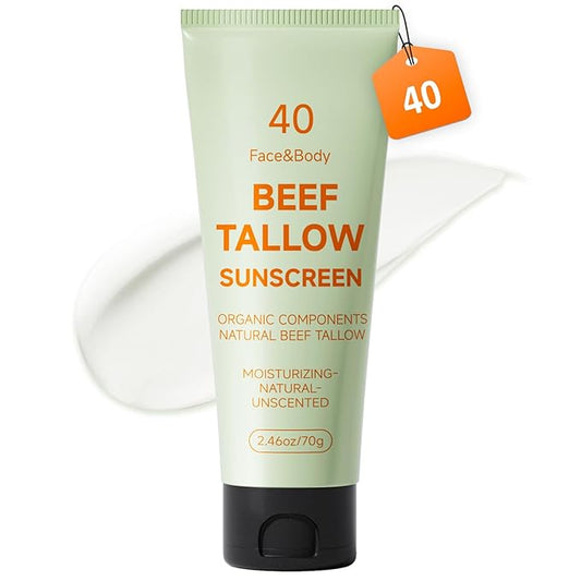 Tallow Sunscreen, Sunscreen for Face, Beef Tallow for Skin, Reef Safe Travel Sunblock Grass-Fed Natural for All Skin Type Deep Hydration Moisturizing Non Greasy Anti White Cast
