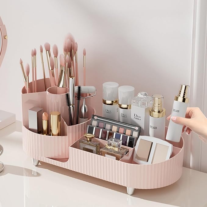 Rotating makeup organizer,Large Capacity Cosmetic Display Case, easy to hold all of your makeup products, at least 20 makeup brushes/eyeliner,10 lipsticks,8 skincare products(Pink)