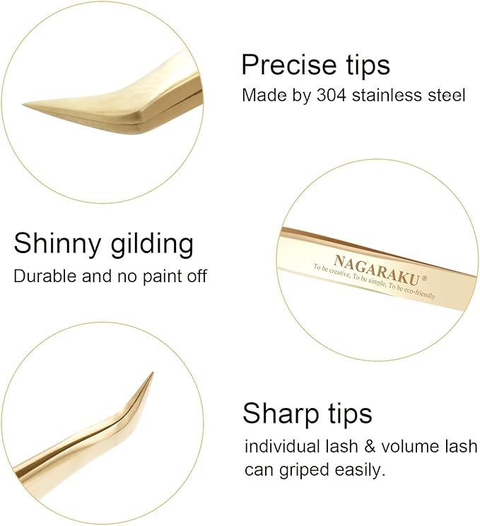 NAGARAKU Tweezers for Eyelash Extensions Gold Curved Angled Volume Cluster Eyelashes easy Fanning Premade Fans Tweezers Stainless Steel Precision Light （N-04）