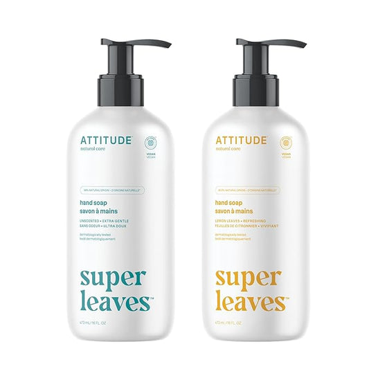 Bundle of ATTITUDE Liquid Hand Soap, EWG Verified, Plant and Mineral-Based, Vegan Personal Care Products, Lemon Leaves, 16 Fl Oz + Unscented, 16 Fl Oz