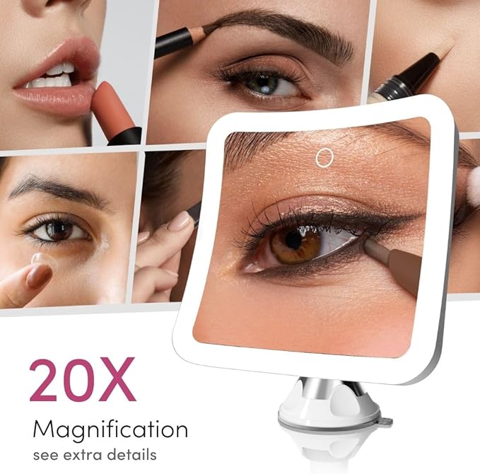 Fancii 20x Magnifying Makeup Mirror with LED Lights, Rechargeable, High Zoom | 7-inch Large Lighted Travel Mirror for Vanity and Bathroom, Dimmable, 3 Light Settings, Strong Suction, 360° Rotation