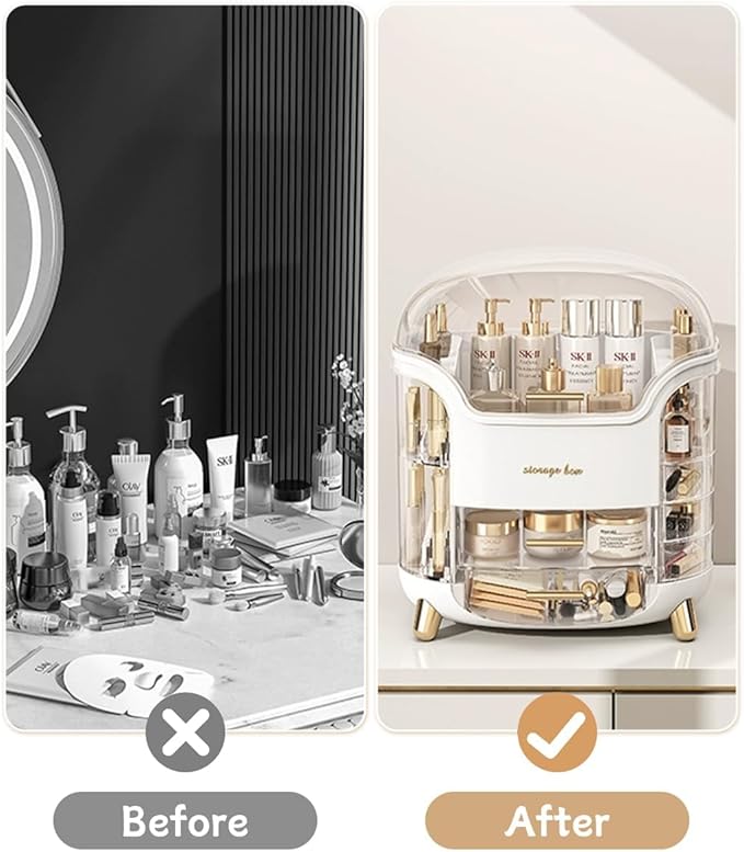 Makeup Organizer for Vanity, Skincare Organizer, Makeup Storage Drawers, Cosmetics Organizer with Lid, Makeup Brush Holder Rotating, Dressing Table Organizer, Large Makeup Box(White)