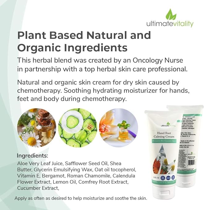 UltimateVitality Hand Foot Cream for For Oncology Patients, Intensive Natural and Organic Moisturizing Cream for sensitive Irritated Skin During Chemo Treatment - 6 Ounces