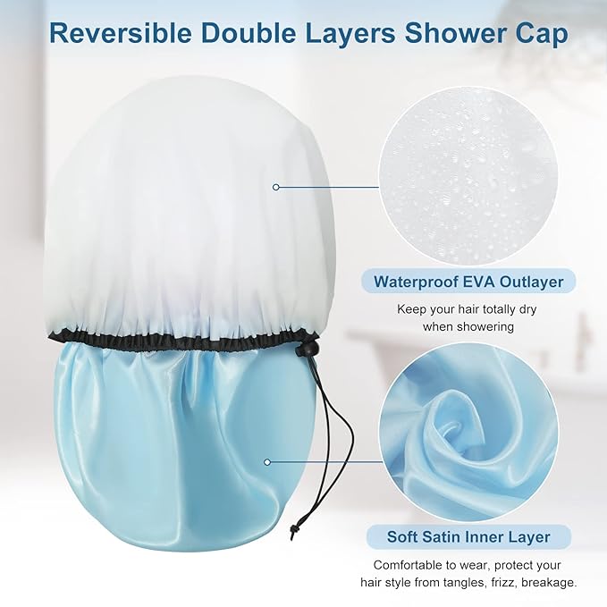 3 Pcs 15" Super Jumbo Shower Cap, Reusable Dual Waterproof Shower Cap for Women, Extra Large Satin Lined Shower Cap for Braids & Long Hair, XL Adjustable Hair Cap for Locs Dreadlocks Music