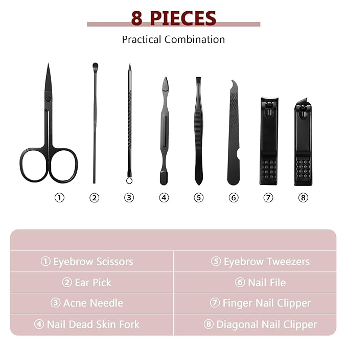 Lasnten 24 Set Manicure Set Bulk Nail Clippers Grooming Nail Kit Stainless Steel Professional Pedicure Kit Pedicure Tools with Travel Case Gifts for Men Women Personal(8 in 1,Red Black)