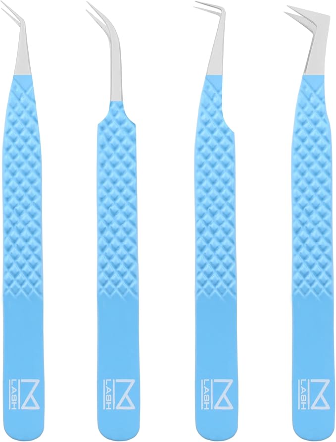 M LASH Tweezers for Eyelash Extensions (Set of 4) - Professional Lash Extension Tweezers - Fiber Tip, Japanese Steel, Diamond Grip Eyelash Extension Tweezer (Teal)