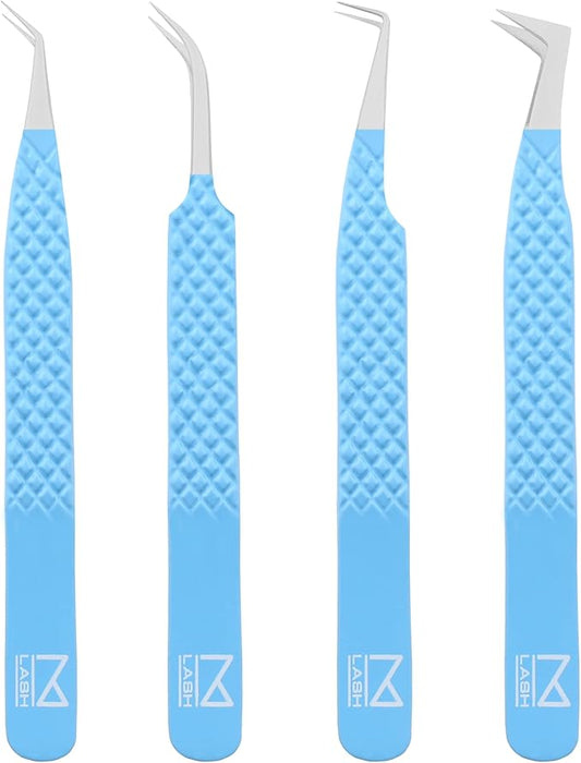 M LASH Tweezers for Eyelash Extensions (Set of 4) - Professional Lash Extension Tweezers - Fiber Tip, Japanese Steel, Diamond Grip Eyelash Extension Tweezer (Teal)