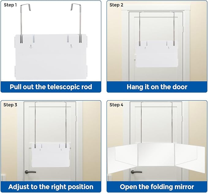 3 Way Trifold Haircut Mirror, 360 Degree Mirror for Hair Cutting, Shaving, Grooming, Hair Styling, Dye Hair Makeup with Adjustable Height Brackets, Portable for Travel, Bedrooms, Bathroom (White) New