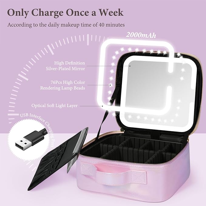Travel Makeup Bag with LED Lighted Mirror, Cosmetic Makeup Organizer Bag with 3 Color Setting, Makeup Train Case with Adjustable Dividers for Women Makeup Brushes Jewelry Accessories
