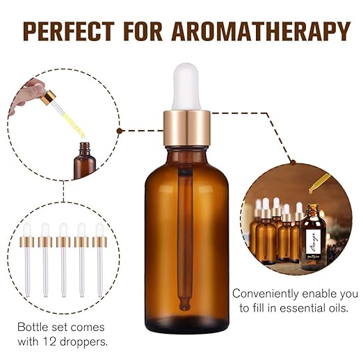 PrettyCare Eye Dropper Bottle 2 oz (12 Pack Amber Glass Bottles 60ml with Golden Caps, 24 Labels, Funnel & Measured Pipettes) Empty Tincture Bottles for Essential Oils