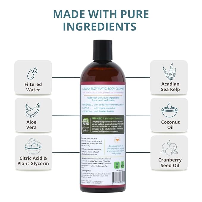 Aleavia Body Cleanse – Organic & All-Natural Prebiotic Body Wash with Pure Essential Oils – Cranberry Scent – Nourish Your Skin Microbiome – 16 Oz.