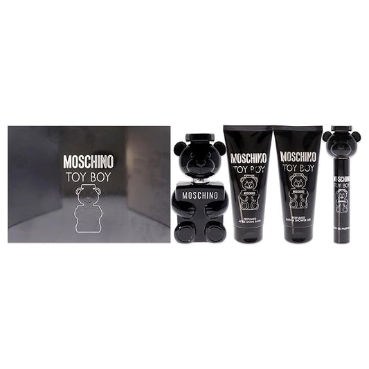 Moschino Toy Boy Men Gift Set - EDP Spray (0.3 & 3.4 oz), After Shave Balm, Bath and Shower Gel 4 Pc Set