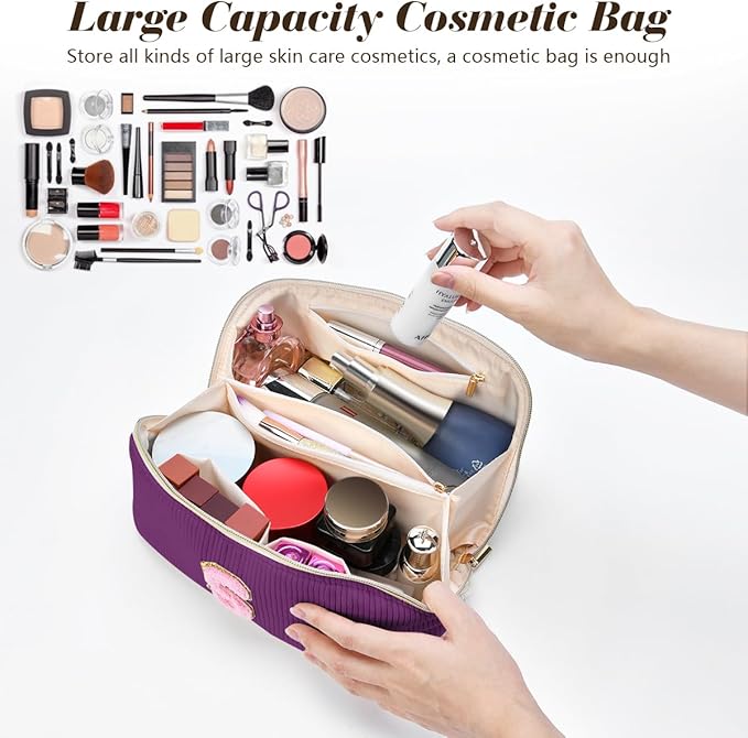 Gifts for Girls, Initial Travel Makeup Bag Women's Day Gift Make up Bag Cosmetic Bags Monther's Day Gifts, Personalized Stuff Bag Cute Makeup Bag Birthday Gifts for Women/Friend/Mother Deep Purple - F