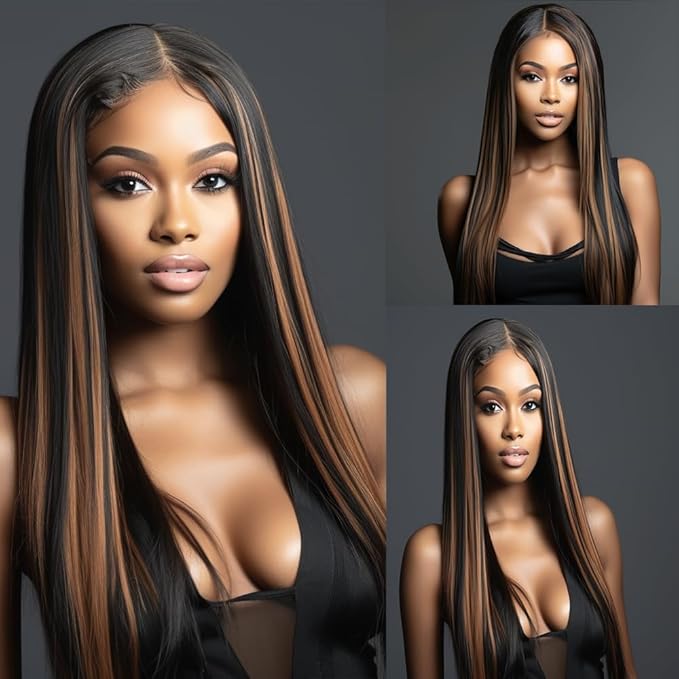 Ombre Human Hair P1B/30 Straight Bundles Two Tone Black to Light Brown Highlight Bundles Brazilian Human Hair Weave Soft and Silky for Black Women 24 26 28 Inch