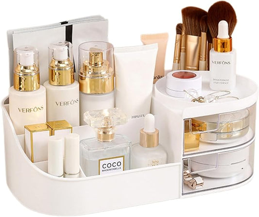 skin care organizer,Makeup Desk Organizer With Drawers,Countertop Organizer for Cosmetics,Vanity brush with Holder for Lipstick, Brushes, Eyeshadow, and Desktop Finishing Dresser (D-White)