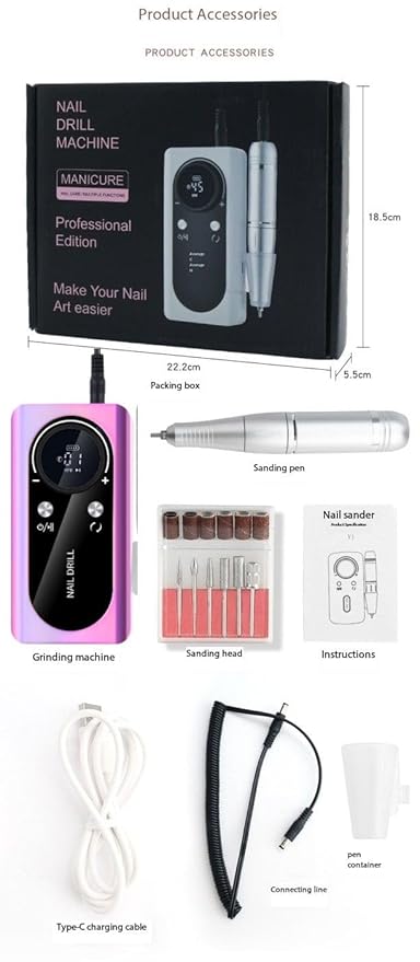 Professional Electric Nail Drill File,Cordless Portable Nail Drill 45000 RPM,Rechargeable Nail File Machine for Acrylic Nail Gel Polish,Nail Salon Home Nail Art Set, Purple