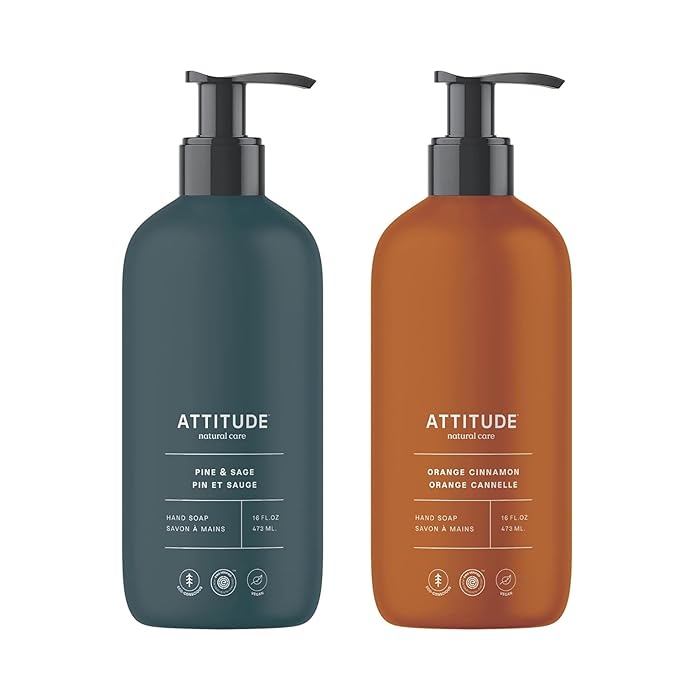 Bundle of ATTITUDE Liquid Hand Soap, EWG Verified, Plant and Mineral-Based, Vegan Personal Care Products, Pine & Sage, 16 Fl Oz + Orange Cinnamon, 16 Fl Oz