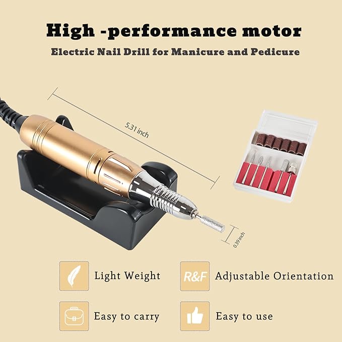 Professional Electric Nail Drill, USB Portable Nail E File Cordless Machine Set for Acrylic Gel Nails, Manicure Pedicure Fast Removal Tool with Nail Drill Bits Sanding Manicure Salon Home (Gold)