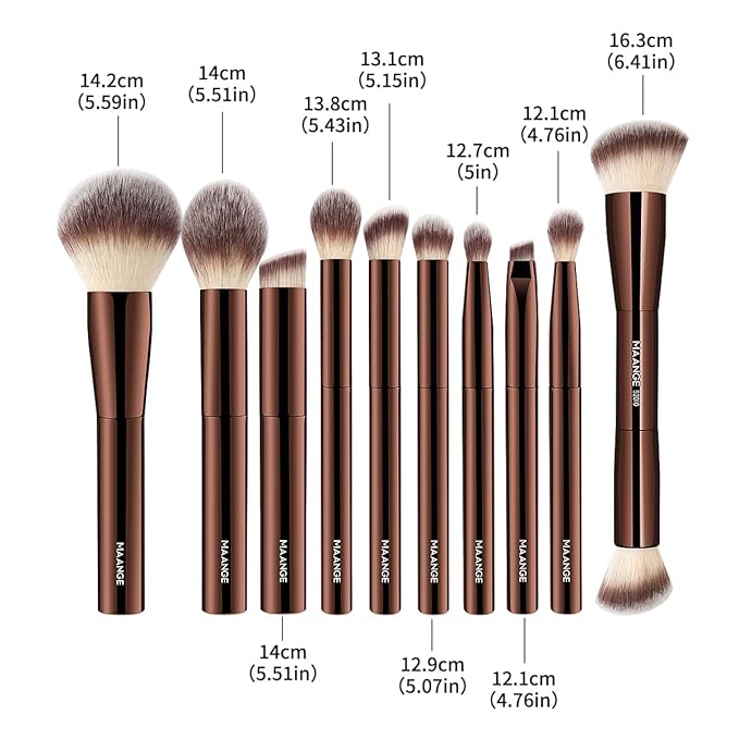 MAANGE 10 Pcs Makeup Brush Set Double-ended Kabuki Brush Travel Makeup Brushes for Foundation Powder Concealers Eye Shadows Makeup Tools Set with LED Light Mirror (Coffee Brown)