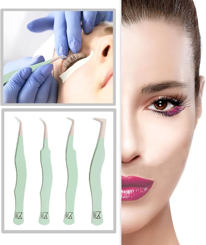 M LASH Eyelash Extension Tweezers (Set of 4) - Professional & Precision Lash Tweezers for Eyelash Extensions - Japanese Steel, Diamond Grip, Fiber Tip (Multi-Color)
