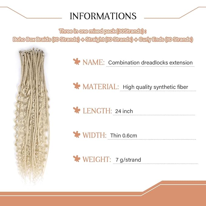 24 Inch 30 Strands SE Dreadlock Extensions Sets，3 In 1 Mixed Synthetic Dreads Extensions, 613 Blonde Straight&Curly&Boho Handmade Dreads Hippie Style Dreadlocks for Woman