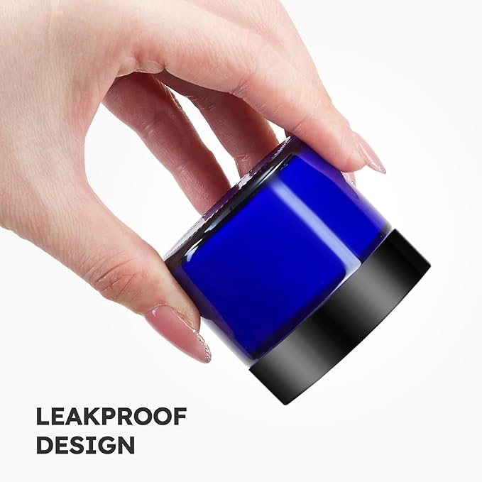 2 oz Glass Jars with Lids, 48 pack Round Small Containers with Black Lids, Blank Labels & Inner Liners, Empty Cosmetic Containers for Sample, Powder, Cream, Lotion Amber and Blue