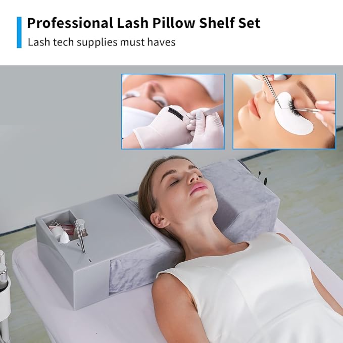 Eyelash Extension Neck Pillow With Acrylic Shelf Organizer Stand, Velvet Warm Lash Extension Grafting Pillow Makeup Tool Display Cabinet Shelves - Grey Shelf + Grey Pillow(Velvet Pillowcase Updated)