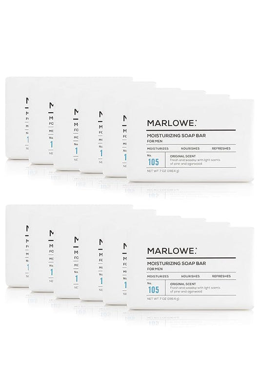 No. 105 Bar Soap for Men 7 oz (12 Bars) Moisturizing Body Soap, Nourishing & Refreshing with Natural Extracts, Shea Butter, Olive Oil & Green Tea Extracts, Fresh Woodsy Scent