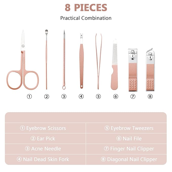 Geosar 12 Sets Manicure Set Nail Clippers Pedicure Kit 8 in 1 Stainless Steel Professional Grooming Kits Nail Care Tools with Travel Case for Men Women(Rose Gold)