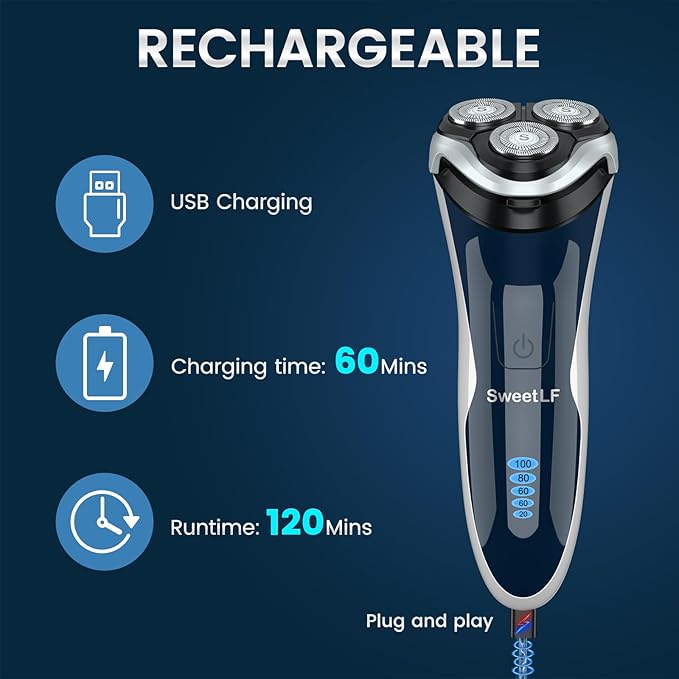 Electric Razor for Men, SweetLF 100% Waterproof Electric Shaver, Type C Rechargeable, Wet & Dry Rotary Shavers for Men with Pop up Trimmer, Corded and Cordless, Navy Blue