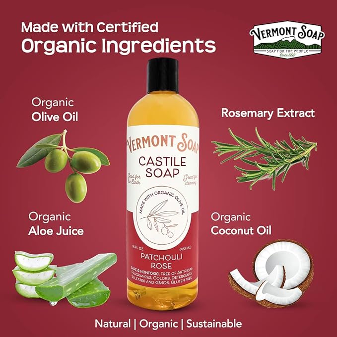 Vermont Castile Soap Patchouli Rose, Gentle Liquid Soap for Sensitive Skin & Natural Body Wash, Organic Hair Shampoo for Oily Hair, Aloe Castile Soap for Men & Women - 16 Oz