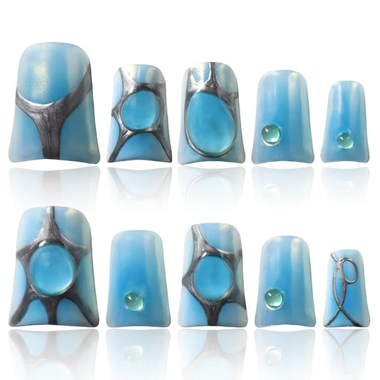 Duck Nails Press on 10Pcs 3D Acrylic Fake Nails with 1 Gift Box 48 Nail Adhesive Tabs 1 Storage Pouch Spring Nails (S)