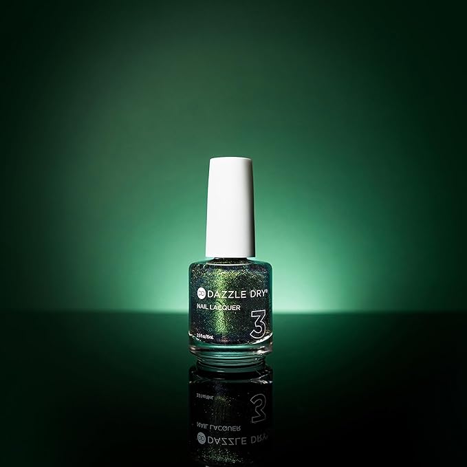 Dazzle Dry Nail Lacquer (Step 3) - Dragonfly - A full coverage, color-shifting, iridescent glittering green. Full coverage glitter. (0.5 fl oz)