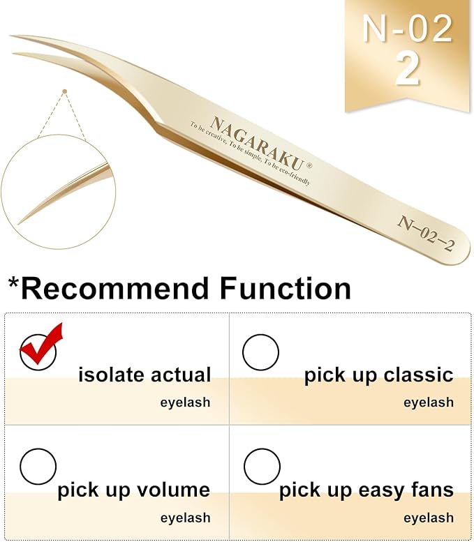 NAGARAKU Eyelash Extension Tweezers Gold Straight Curved 1 pair Angled Long tip Volume Cluster Light Weight Easy Fanning Tweezers Stainless Steel Precision