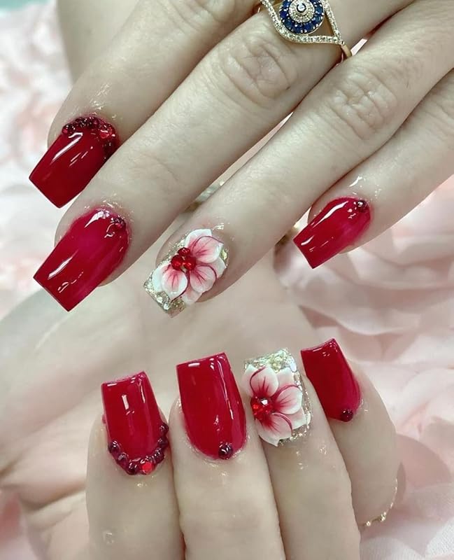 3D Acrylic Red Flower Nail Art Charms Handmade by Acrylic Powder - 24pcs Flowers Nail Rhinestones Kit 3D Crystal Nail Pearls Design Acrylic Nail Art for Women (Red)