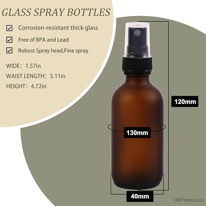 Amber Glass Small Spray Bottles 2 oz 24 Packs,Fine Mist Sprayer Pretty Finish,Refillable Containers mini spray bottles for Cleaning Solutions and Skin Care (Amber Frosted 24Pack)