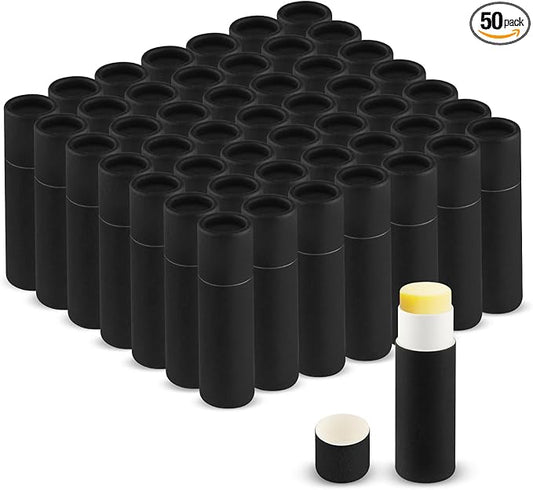 50 Pcs 0.3 oz Paperboard Lip Balm Tube,Empty Kraft Paper Chapstick Tube Holder,Push-Up Style Biodegradable Solid Perfume Lip Gloss Container for DIY Homemade Balm,Non-Plastic Container- Black
