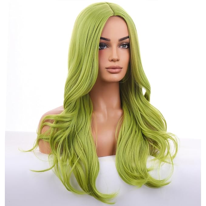 BERON Green Wigs Long Wavy Wig for Women Natural Curly Light Colored Heat Resistant Synthetic Hair Wigs for Cosplay Party Daily or Use