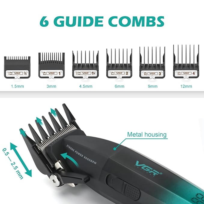 VGR 003 Fresh Fade Hair Clipper, Professional Hair Trimmer, Cord/Cordless Rechargeable Hair Cutting Tools with LED Display, 9000 RPM Barber Clippers, Green