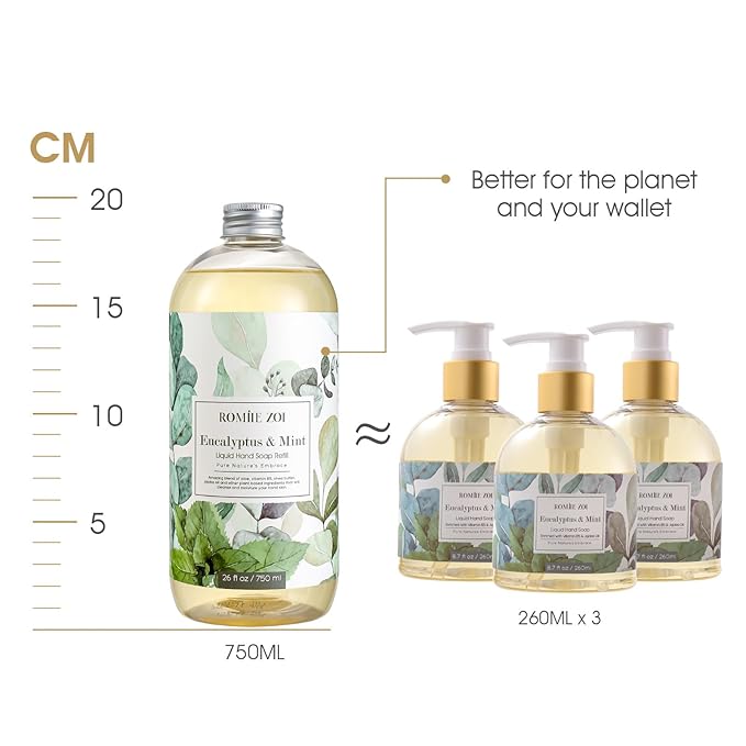 Eucalyptus & Mint Liquid Hand Soap Refills, Gentle & Moisturizing Formula, Natural Cruelty-Free Soap, Large 750 ML Bottles Bulk for Kitchen, Bathroom, and Dispensers (26 FL OZ, Pack of 3)